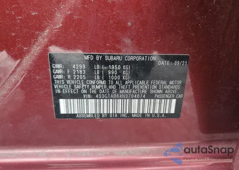 2022 Subaru Impreza from USA, damaged, VIN 4S3GTAB64N3704074